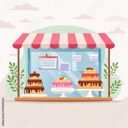 Cake shop with cakes on display in the window.