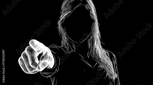 Powerful black and white silhouette of a mysterious woman pointing directly at the viewer, emphasizing choice, invitation, or accusation.