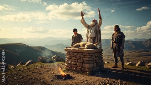 Sacrifice ceremony with fire on mountain altar