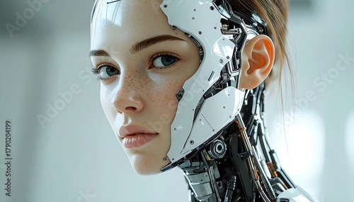 Futuristic android woman with a blend of human features and intricate robotic design