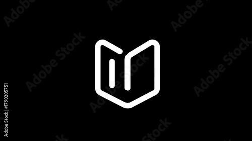 Clean white line art open book icon. Knowledge, education, reading, story, guide symbol on black background.