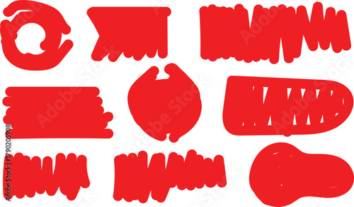 Collection of nine diverse red grunge stamp shapes and textures on a white background
