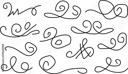 Collection of hand drawn swirls and flourishes decorative elements for design and illustration