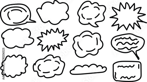 Collection of hand drawn speech bubbles and thought clouds in black outline on white background