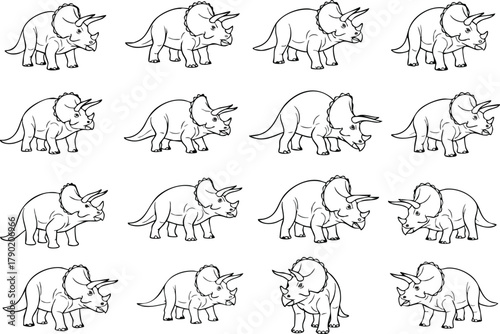 Array of Triceratops Outlines on White Background