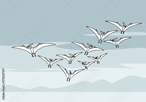 Flock of Pterodactyls Flying in the Sky Illustration
