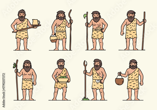 A Collection of Cartoon Cavemen with Their Belongings