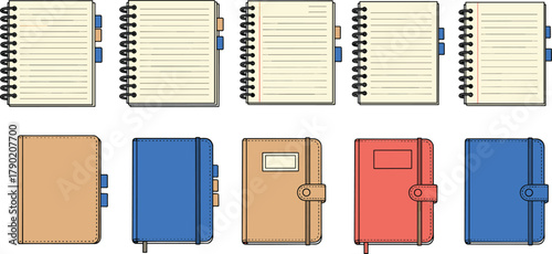 cad drawing flat vector illustration, spiral notebooks, journals planners, office stationery, study supplies, colorful covers, blank pages, writing tools collection