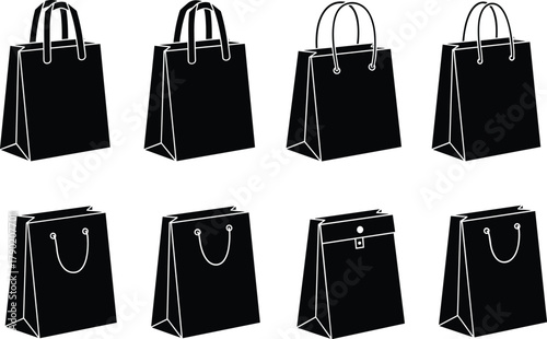 cad drawing flat vector illustration, shopping bags, retail packaging, paper bag design, black outline, gift bag, fashion store, branding collection