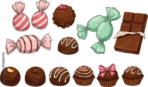 Candy chocolate illustration, sweet dessert vector, confectionery artwork design, wrapped candy drawing, truffle bonbon artwork, delicious food artwork collection