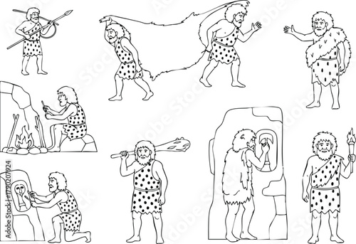 Caveman Activities Hunting, Carving & Daily Life in Black and White