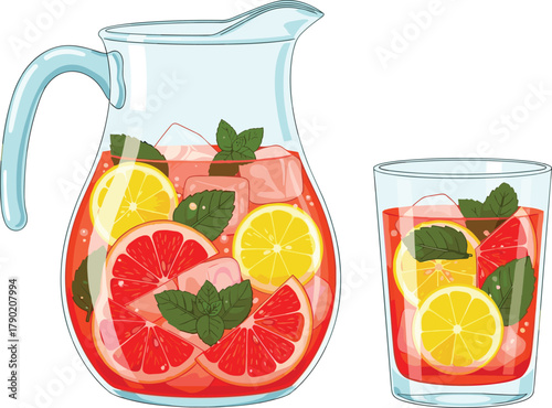 Fruit infused drink, pitcher with lemon, grapefruit, mint leaves, ice cubes, refreshing beverage, summer hydration, healthy wellness lifestyle vector illustration