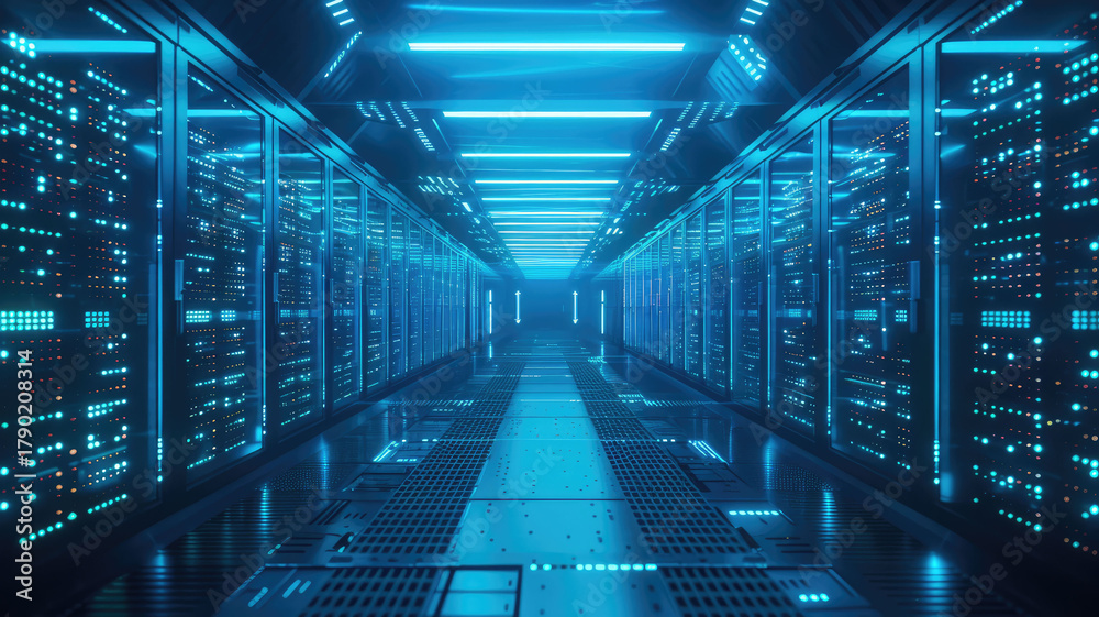 Fototapeta premium Futuristic glowing data center with endless server racks and blue lights, concept of digital infrastructure and cloud technology