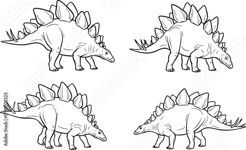 Stegosaurus Dinosaurs Prehistoric Creatures with Bony Plates in Simple Outline Drawings