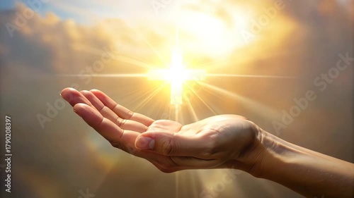 A Person's Hand Reaching for Divine Symbolism with the Radiant Cross