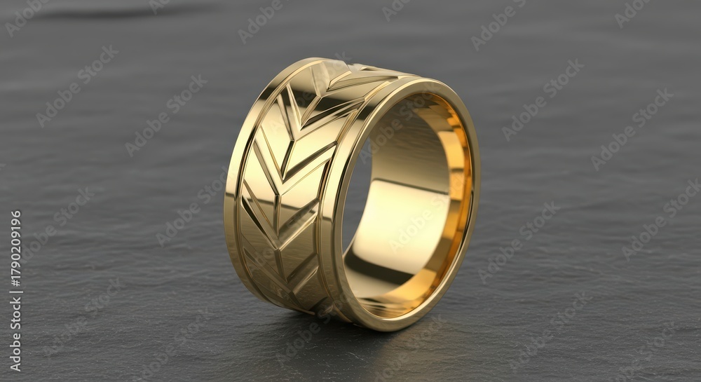 Fototapeta premium Elegant gold ring with chevron pattern on dark surface