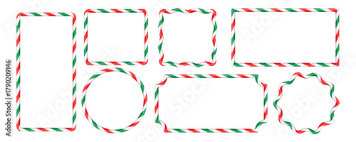 Wavy scallop frames with Christmas candy canes, red white green striped design, holiday vector elements for text decoration