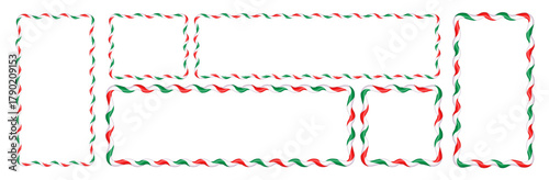 Christmas wavy candy cane scallop frames with red, white, and green stripes. Christmas striped candy canes for text decoration. Vector design elements