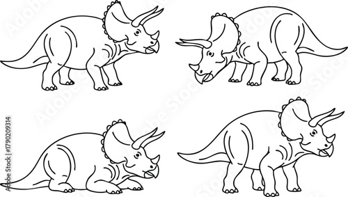 A Line Art Depiction of Triceratops in Various Poses A Prehistoric Illustration