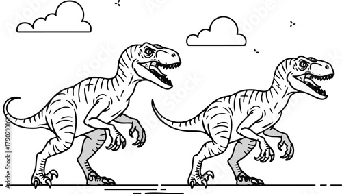 Two Velociraptors Walking Illustration, Prehistoric Predators in Line Art