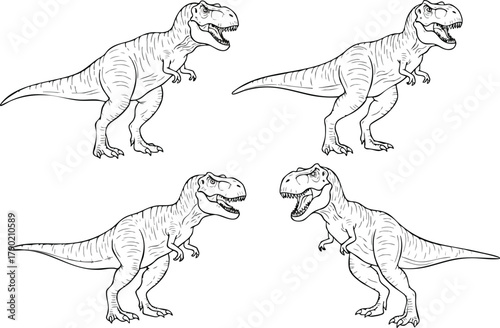 Four Tyrannosaurus Rex Dinosaurs Black and White Line Art