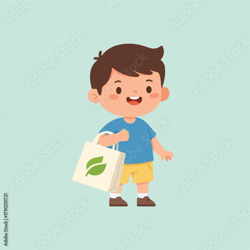 A cartoon illustration features a happy, young boy with brown hair and a blue shirt, carrying a shopping bag adorned with green leaves.