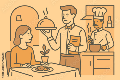 Restaurant Service Illustration – Waiter Serving Dinner to Customer