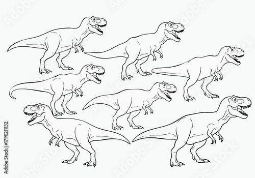 A Group of Tyrannosaurus Rex Dinosaurs in a Bold Black and White Illustration