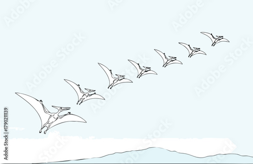 Flight Sequence Pterodactyls in Motion Over the Landscape
