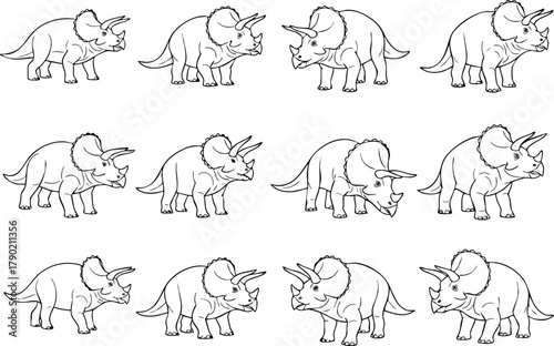 Lineup of Triceratops Illustrations - Prehistoric Wildlife in Repeat Pattern