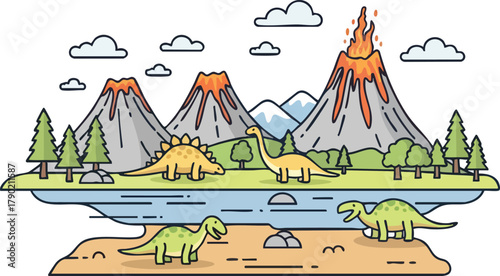 Prehistoric Paradise Dinosaurs Roaming Near Erupting Volcanoes in a Cartoon Landscape