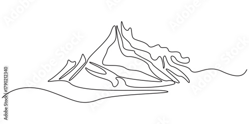 One continuous line art drawing of mountain range landscape, Continuous Line Mountain Range Drawing vector illustration, Abstract mountain range landscape simple one line art drawing of mountains