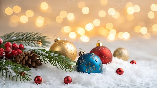 Christmas Baubles on Snow with Pine Branches and Festive Golden Bokeh Lights