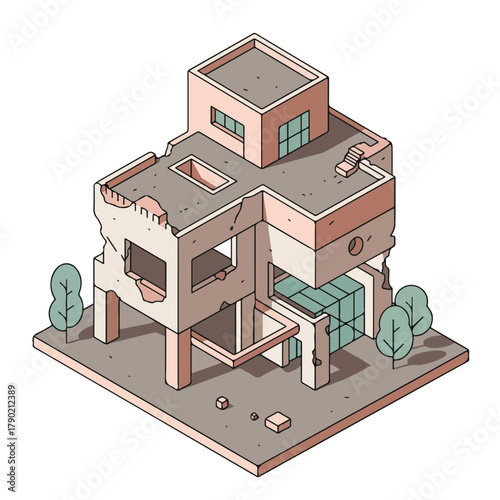 Isometric Depiction of Urban Decay and Infrastructure Failure: Brutalist Building Ruins