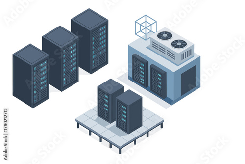 Isometric view of a large data center infrastructure with server racks and cooling units