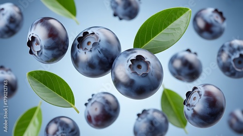 Ripe blueberries and green leaves floating against a light blue background blueberry
