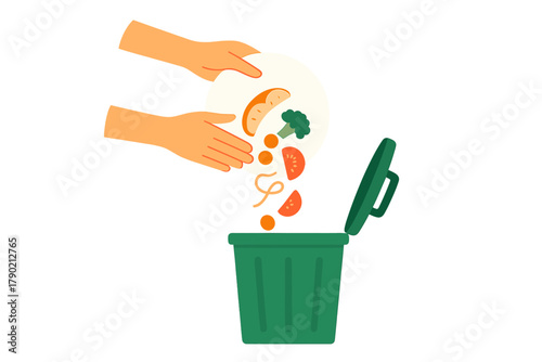 Hands scraping uneaten food scraps and leftovers from a plate into a green garbage bin