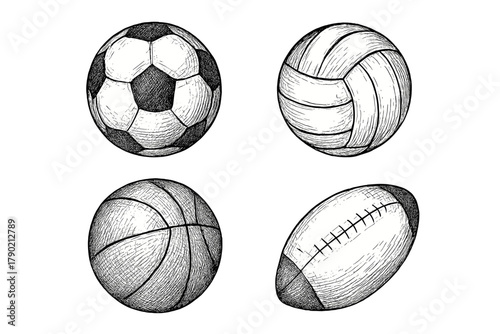 Set of hand drawn sports balls including soccer, basketball, volleyball, and American football