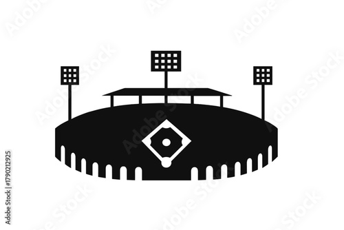 Minimalist black silhouette of a baseball stadium with floodlights and a visible infield diamond shape