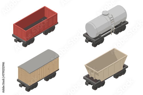 Isometric set of four railway freight cars: open top, tank, covered box, and hopper wagons for cargo transport