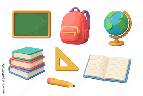 Colorful collection of essential school supplies including backpack, books, and globe