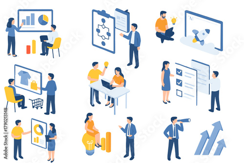 Business professionals analyzing data and developing strategy in an isometric environment