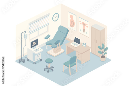 Modern gynecologist examination room interior with medical equipment and anatomical posters