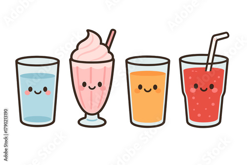 Four happy beverage characters including water, milkshake, orange juice, and smoothie