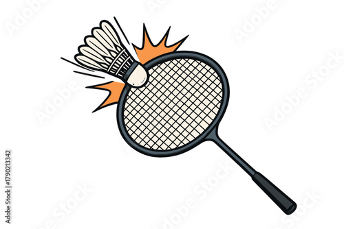 Badminton racket striking a shuttlecock during a fast-paced competitive match