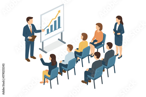 Business training session with presenter showing growth chart to seated audience members