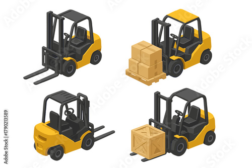 Isometric yellow forklifts transporting cardboard boxes on a pallet and a large wooden crate