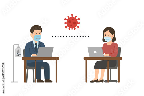 Workers maintaining social distance and wearing protective masks during the pandemic