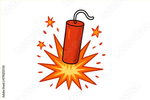Red dynamite stick exploding with bright orange fire and flying stars