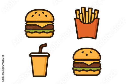 Collection of popular fast food icons featuring burgers, french fries, and a soft drink